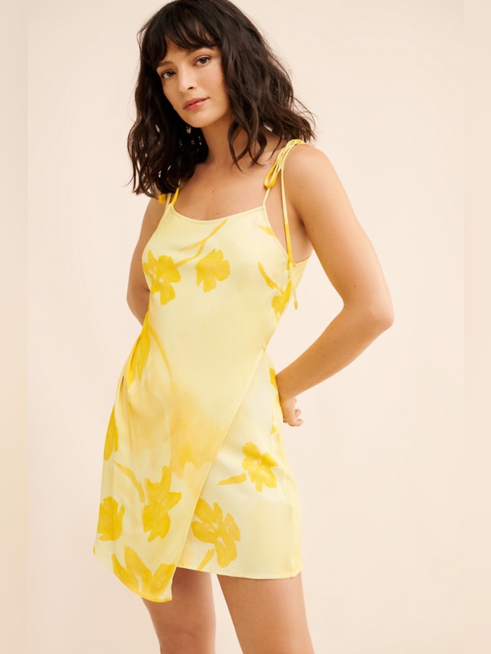 Third Form Wild Flower Wrap Mini Dress Yellow Floral Tie-Shoulder Slip Dress